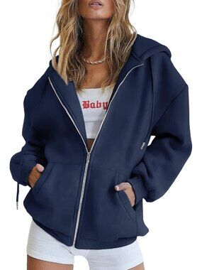 Women's Navy Long Sleeve Pockets Fall Zip Up Hoodies Sweatshirts Track Jackets
